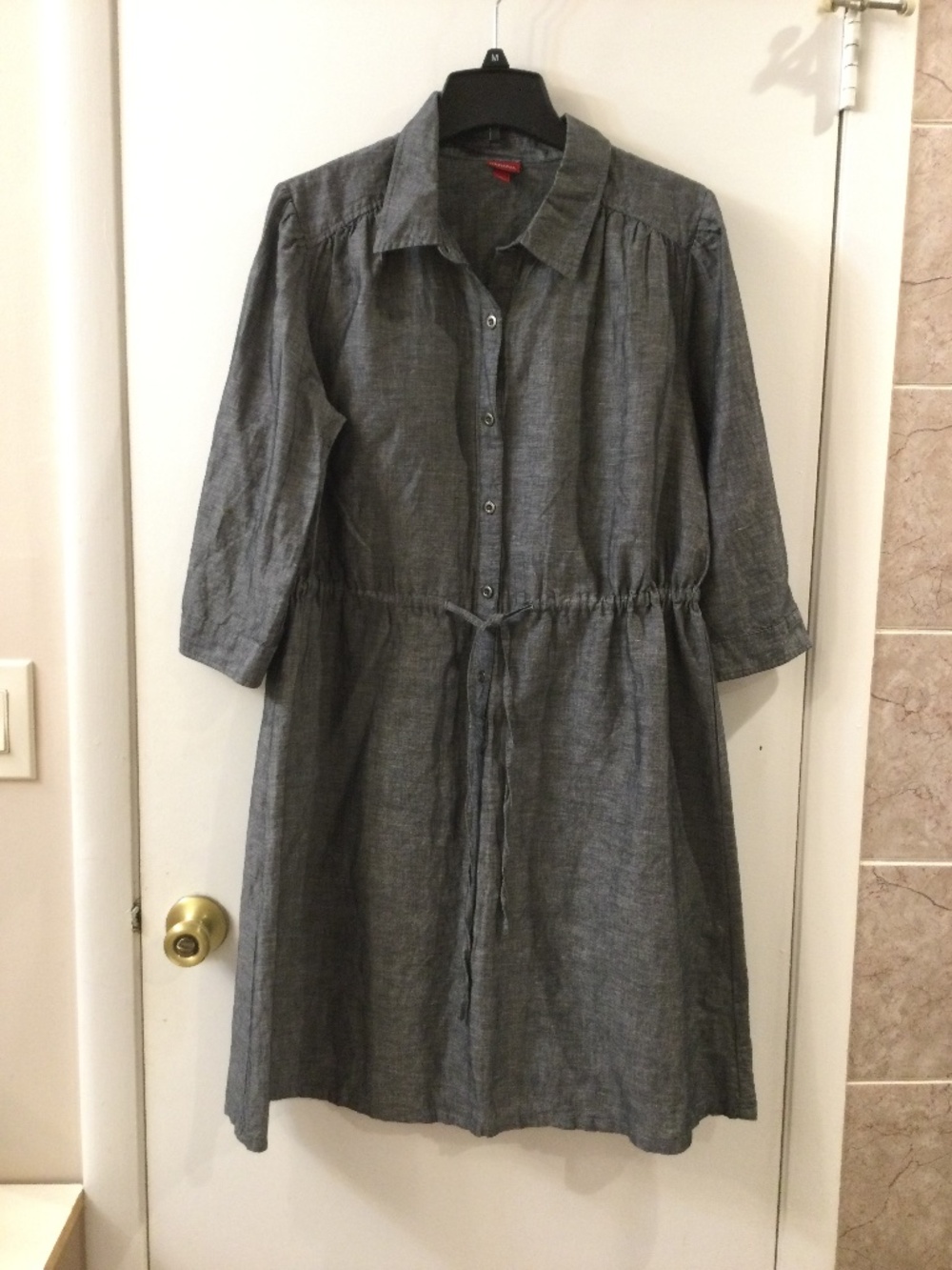 Merona Linen Blend Shirt Dress L Drawstring Waist Roll 3/4 Sleeve Heather  Blue